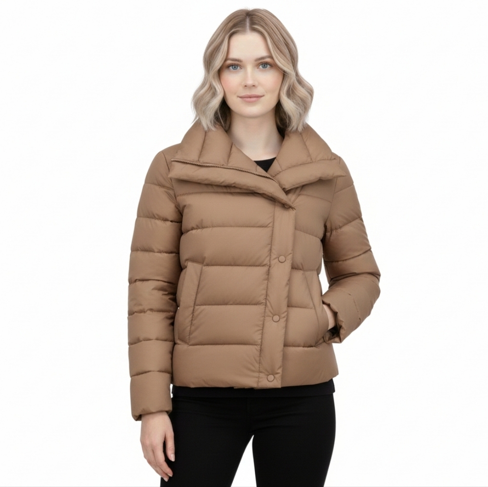 TAHARI Women's M (8) Asymmetrical Quilted Puffer Jacket Packable Caramel NWT